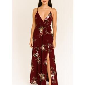 Luxxel romper jumpsuit dress style crinkle texture marron floral V-neck SZ SM